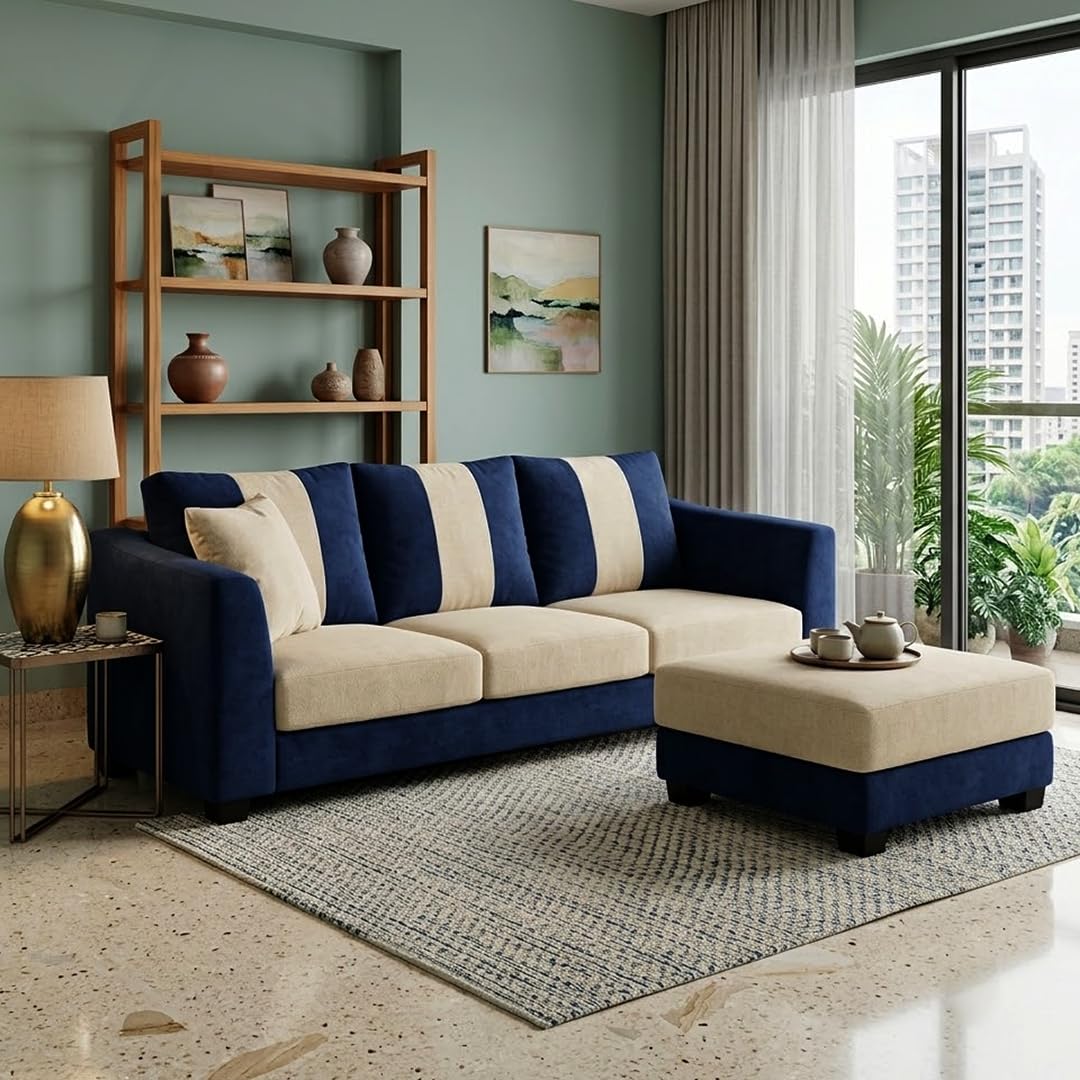 PLUSHMATE Revo 4 Seater L Shape Sofa Set with Movable Ottoman | Flexible Left or Right Layout | Luxury Velvet Suede Fabric | Modern Living Room Sofa | Dark Blue-Cream