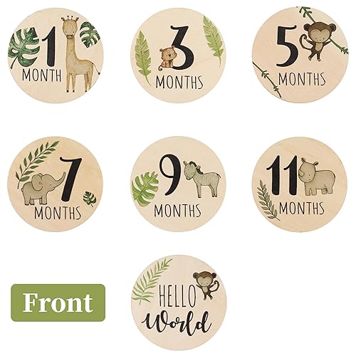 Miniatura 3 de Hito mensual de madera para bebé, 7 tarjetas de hitos de bebé de doble cara, letrero de Hello World para recién nacido, marcadores de hitos de viaje