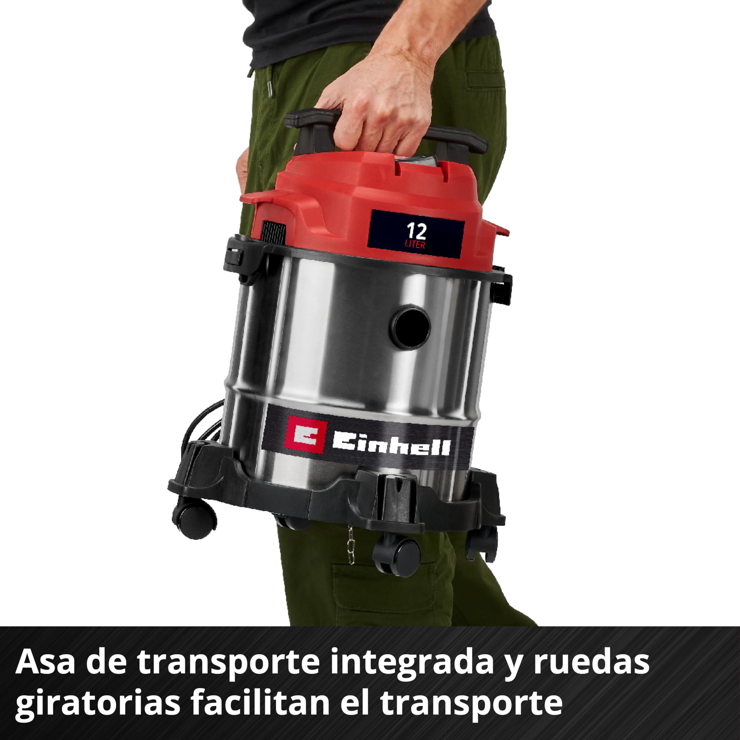 Einhell Aspirador en seco y húmedo TC-VC 1240 S | 950 W | 180 mbar | 4 ruedas giratorias | depósito 12 l | Incl. boquilla para juntas y boquilla combinada | Filtro de espuma