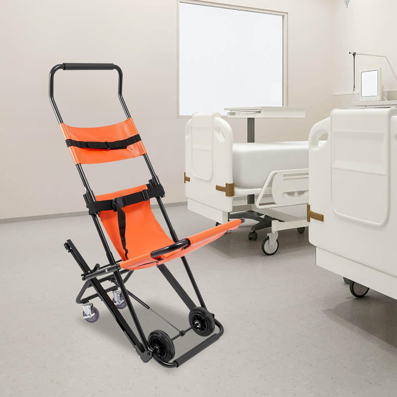 Silla de escalera manual de 4 ruedas, plegable, de aluminio, portátil, de evacuación de emergencia, capacidad de carga de 159 kg (naranja)