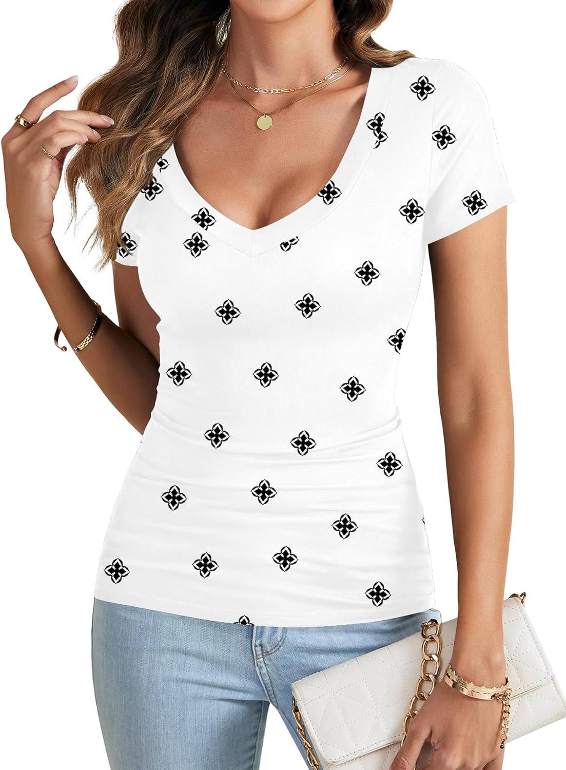 Rooscier Women's Deep V Neck Short Sleeve Slim Fit Basic Sexy Summer Tee T Shirt Blouse Top - Image 3