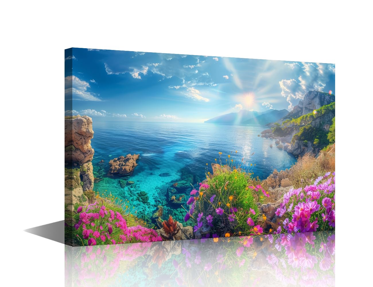 TISHIRON 1 Panel Canvas Prints Seascape Art Print Wall Art Summer Beach Flowers Pictures Wall Painting Coast Flower Artwork for Home Decor Stretched and Framed Ready to Hang 16" Wx24 H