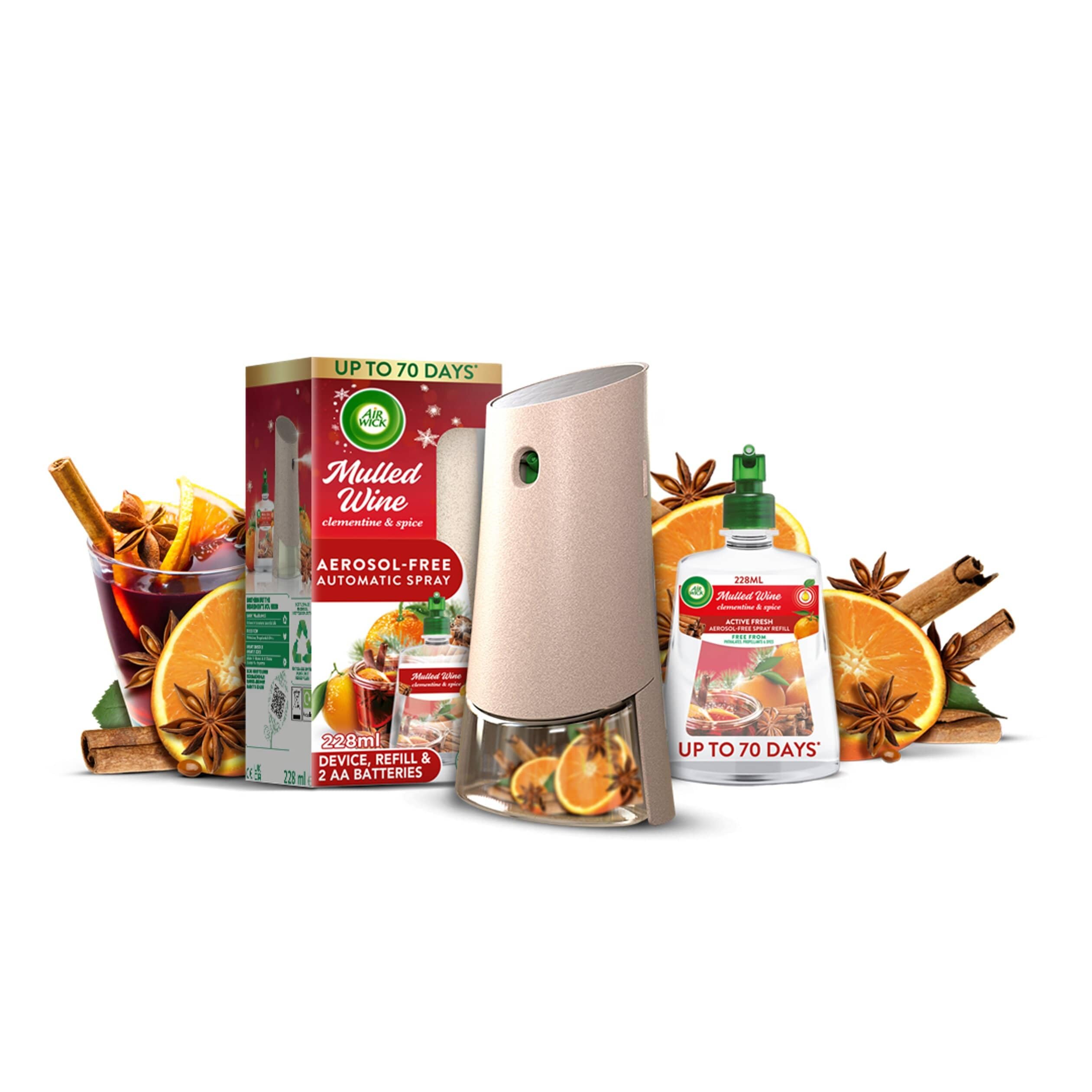 Air Wick Aerosol-Free Automatic Air Freshener Spray Kit, Mulled Wine, 1 Gadget, 1 Refill and 2 AA Batteries, 24 x 7 Active Fresh Odour Neutraliser, Lasts Up to 70 Day