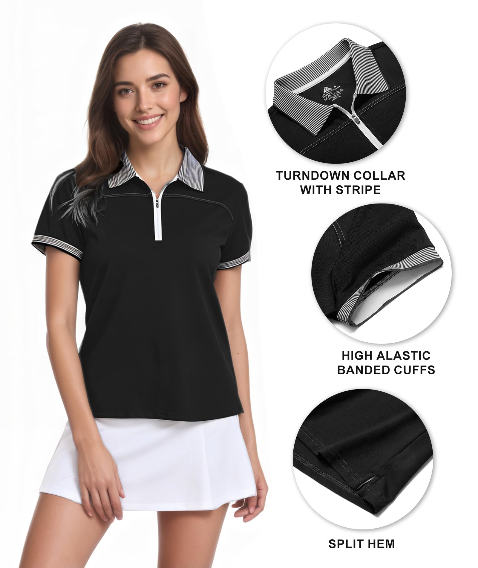 Little Beauty Camisa de golf para mujer, de manga corta, con cuello y cremallera, para entrenamiento, ajuste seco