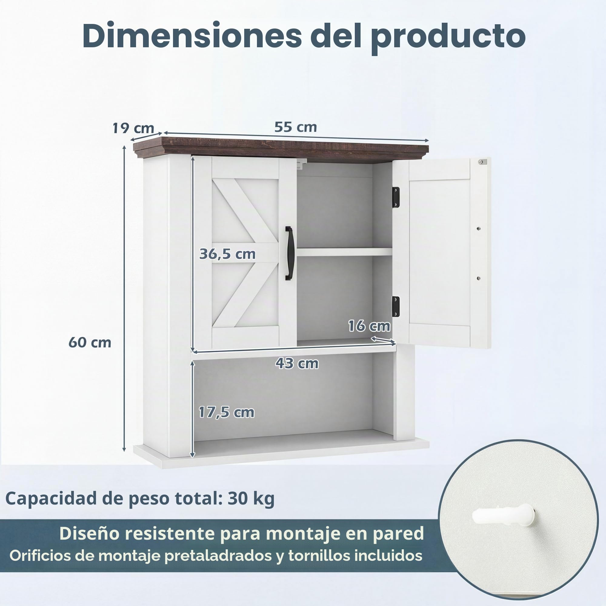 GIANTEX Armario de Pared para Baño, Mueble Colgante con 2 Puertas y 1 Compartimento Abierto, Estilo Granero, Estante Ajustable, 55x19x60cm, Organizador para Cocina, Entrada, Lavandería (Blanco)