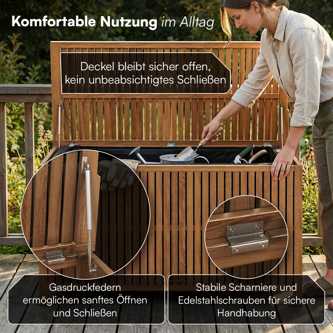 STEELSØN Alkes Aufbewahrungsbox aus geöltem Akazienholz – Auflagenbox mit hochwertiger Innenplane – Outdoor Kissenbox mit klappbarem Deckel – Sitztruhe sicherer Halt – Gartenbox wetterfest 114x52x59cm