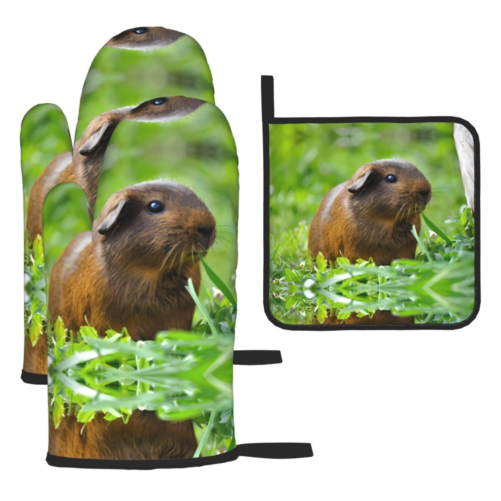 Guinea Pig 3 Piece Kitchen Oven Mitt Set Heat Resistant Gloves with Pot Holder Mat Polyester Printed for Cooking Baking BBQ Grill