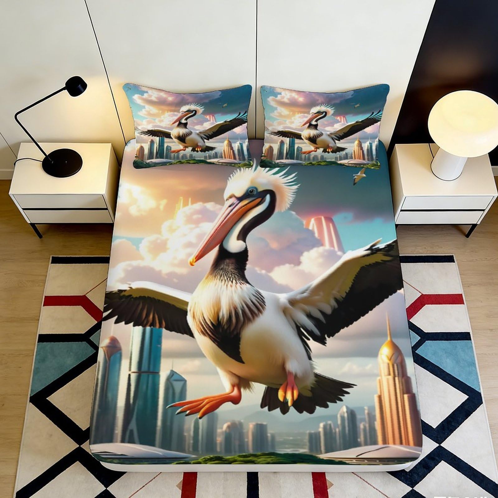3D Printed City Skyline Pelican Fitted Sheet Microfiber Soft Decor Mattress Cover for Bedroom Dorm Apartment 90x200x25cm
