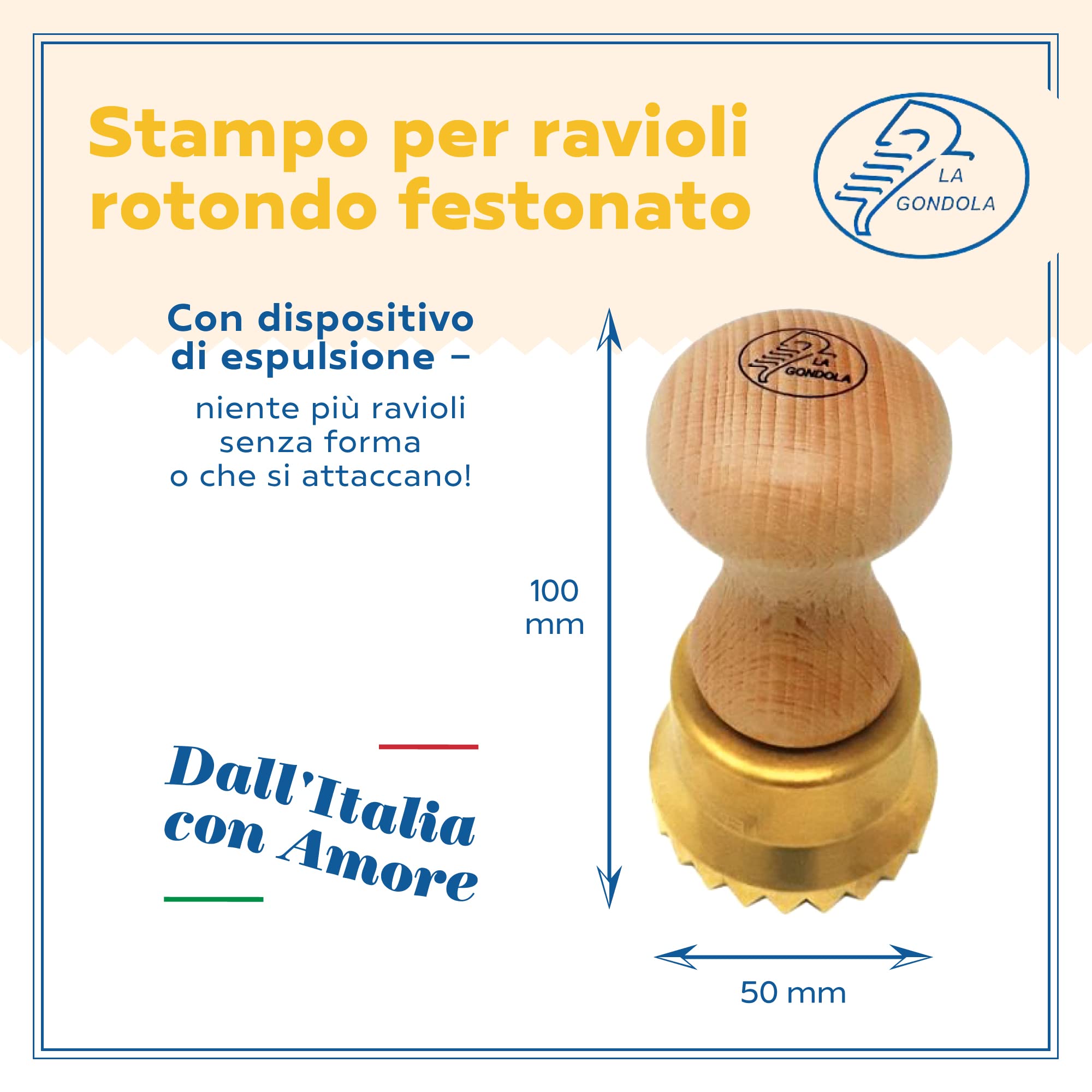 LA GONDOLA Stampo tondo festonato diametro 50 mm ottone e legno,prodotto artigianale Made in Italy