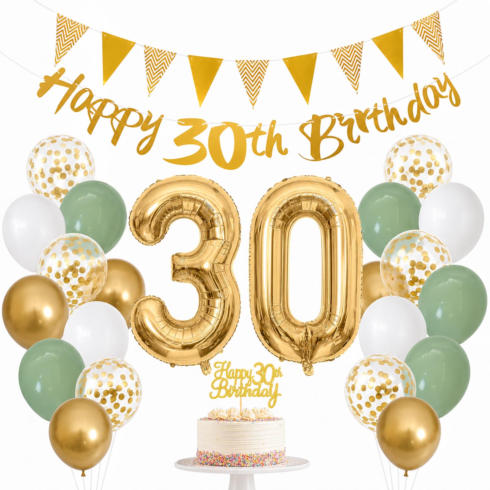 Bolosa 30th Birthday Decorations for Women and Men, Sage Green, Gold and White with Number 30 Foil Balloons, 30th Birthday Banner, 30th Cake Topper, 30 Year Old Birthday Party Decor for Home Pub