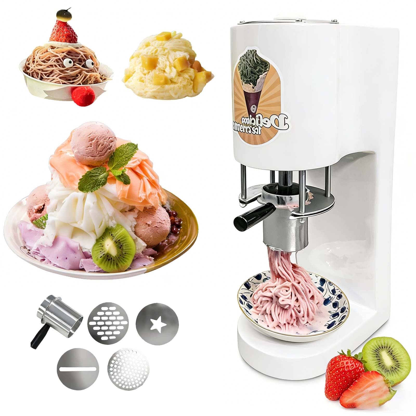 Prensa Para Helado Tipo Espagueti, Máquina Comercial Para Fideos De Helado, 4 Moldes Intercambiables, Rendimiento De 7.9 Gal/H (6-8 S/Taza), Para Heladerías Y Uso Comercial(White)