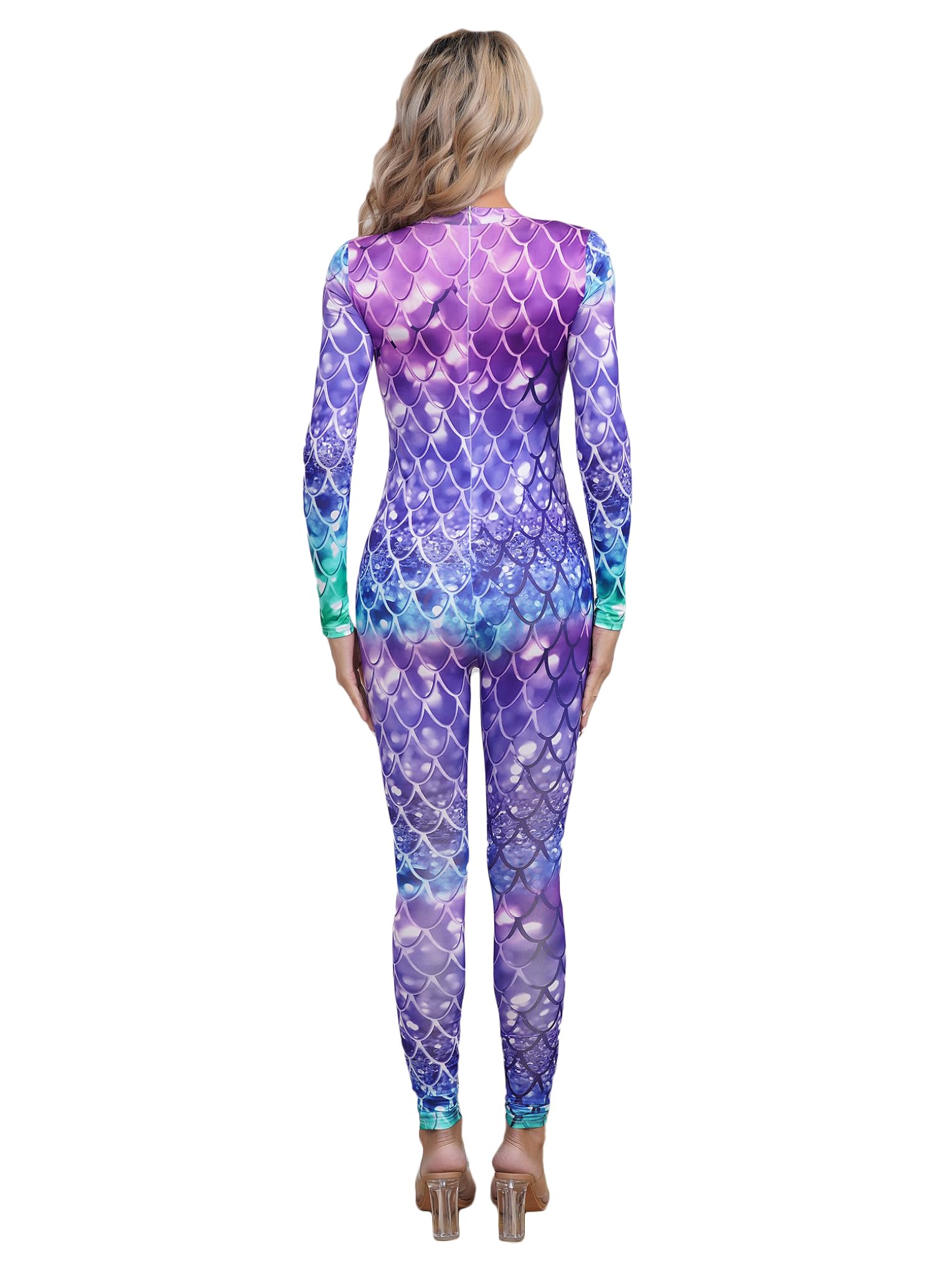 Mono Largo de Gimnasia Rítmica Body Mujer Cuello Alto Mangas Largas con Estampado Escamas de Pescado Mono de Danza Jumpsuit Deportivo