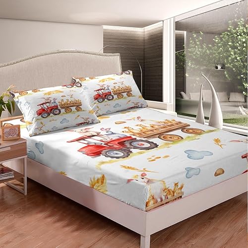 Miniatura 3 de Erosebridal Sábanas de tractor rojo para cama de camión de granja, tamaño matrimonial, 3 piezas, ropa de cama de animales de granja, lindo cerdo,