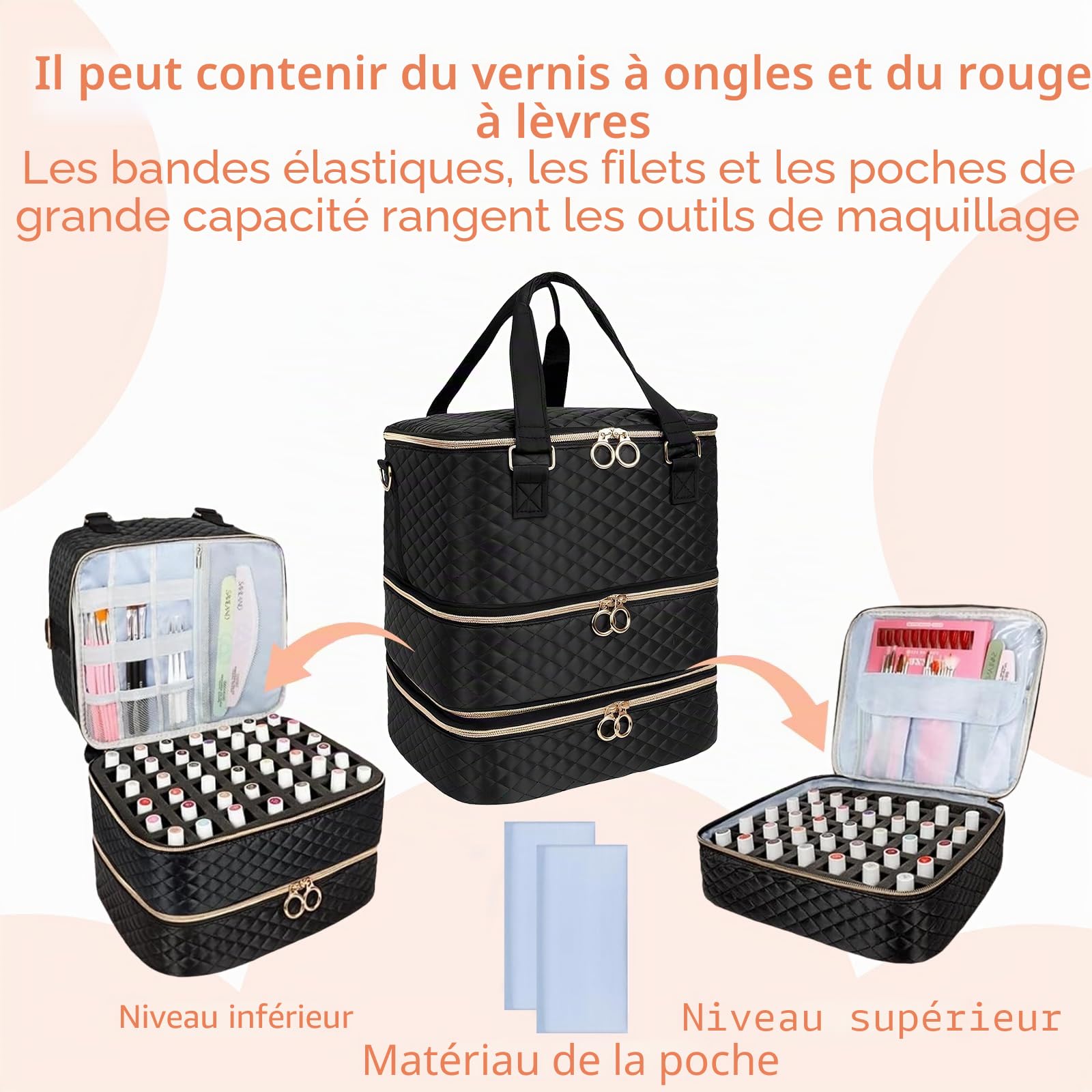 Organisateur pour Vernis à Ongles, 3 Étages, Sac de Rangement pour 84 Flacons, Lampe LED, Noir