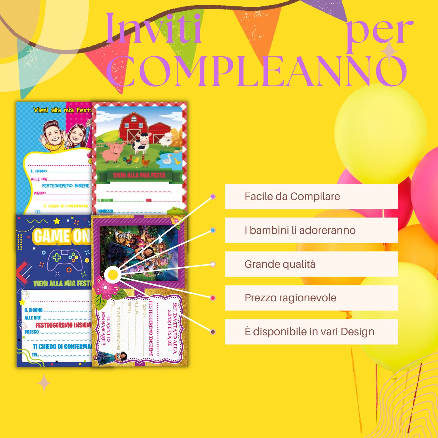 20 Inviti Compleanno Premium - Cartoncino 300gr Con Tema Palloncini Blu - Stampa Professionale - Foto 5