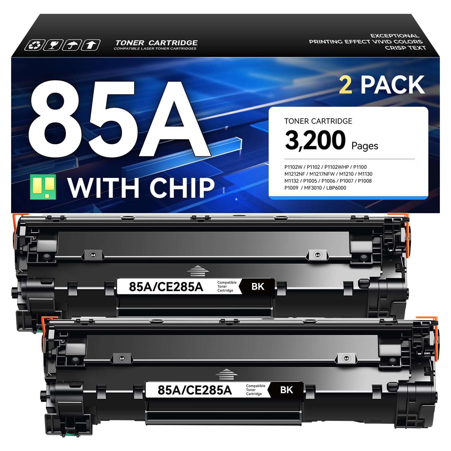 85A Toner Cartridge Black 2-Pack with Chip High Yield Replacement for HP 85A CE285A Compatible with HP Laserjet Pro MFP M1212nf M1217nfw P1102w P1109w Printer P1102 P1109 M1212 M1217 Series Ink Copy