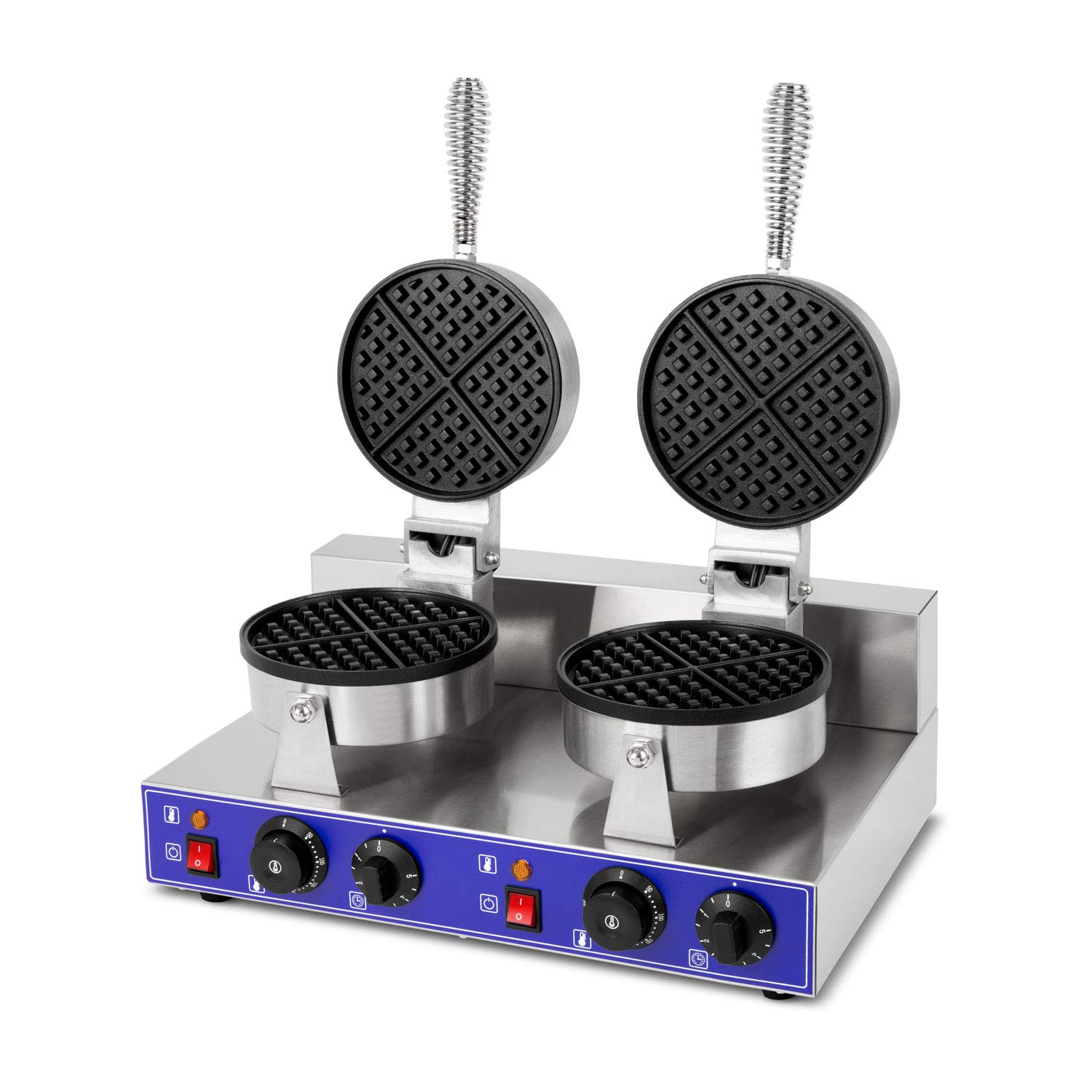 VERTES Gofrera belga doble eléctrica 2000W de acero inoxidable (2x temporizador 5min, 2x temperatura 50-300 °C regulable en continuo, 4 pies de goma antideslizantes, revestimiento antiadherente)