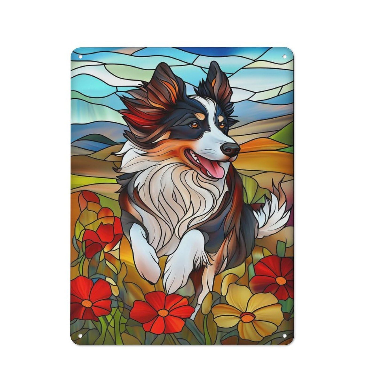 Cosy Stained Glass Border Collie Metal Plaque 40x30cm, Kitchen Wall Decor for Kitchen, Cafe, Pantry Or Dining Room