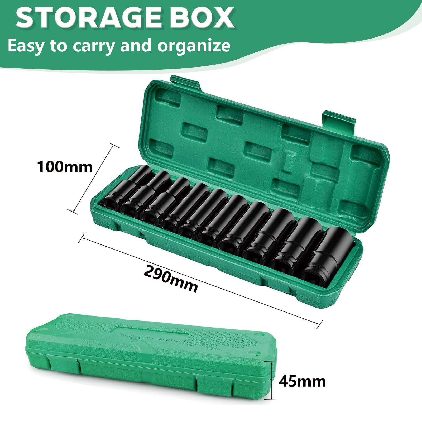 Impact Socket Set 1/2 Inch, 11PCS Deep Socket Set including CR-V Hex Sockets (10-24mm), Adapter & Storage Box - Image 4