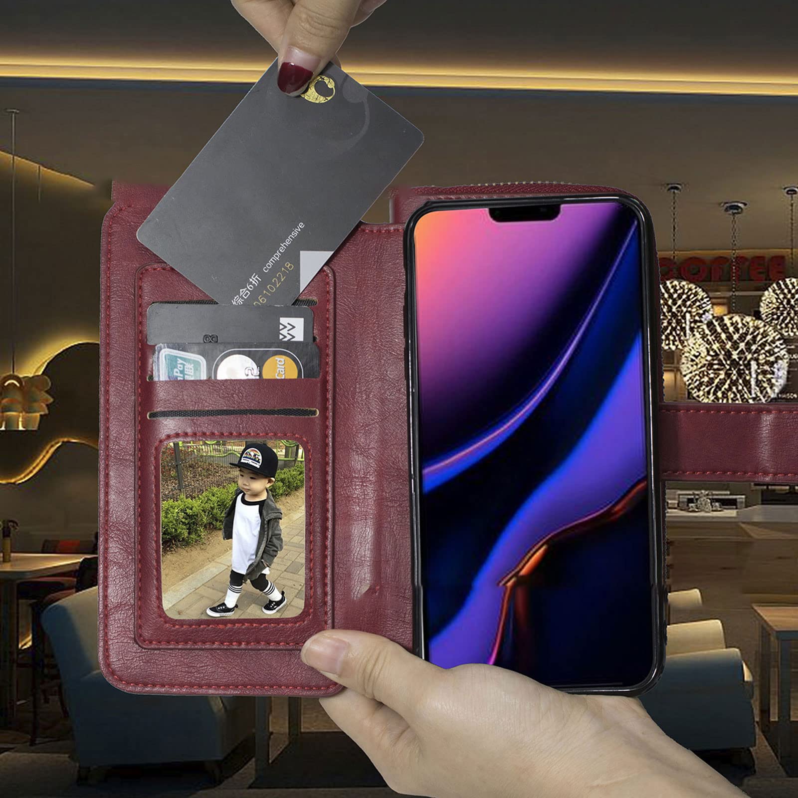 Etui do iPhone 14 / 14 Pro / 14 Plus / 14 Pro Max, skórzane etui portfelowe w stylu retro, zamek błyskawiczny, etui na telefon komórkowy, skóra PU, z klapką, bumper, z 8 przegródkami na karty, funkcja stojaka, czerwone, 14 Pro Max 6,7"
