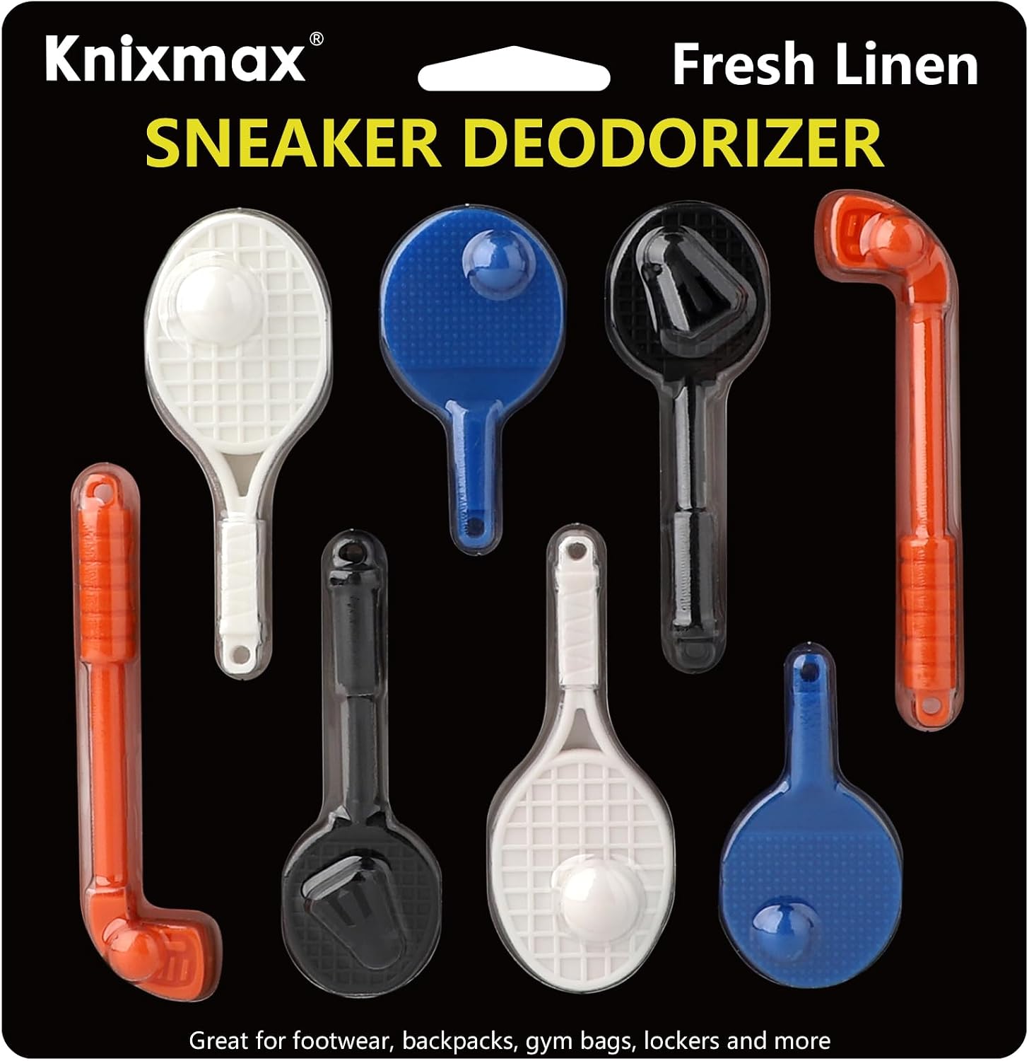 Knixmax Sneaker Deodorizer Racquets with Fresh Linen Scent 8 Packs, Air Fresheners for Sprot Shoes Gym Bags Lockers, Effectively Remove Unpleasant Odors & Gifts for Sport Lovers Teens, Set B
