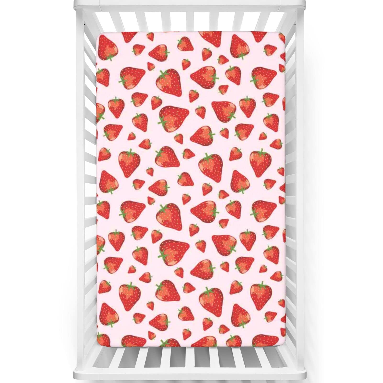 Strawberry Themed Fitted Mini Crib Sheets,Portable Mini Crib Sheets Soft Toddler Mattress Sheet Fitted-Great for Boy or Girl Room or Nursery,24“ x38“,Lime Green Vermilion Rose