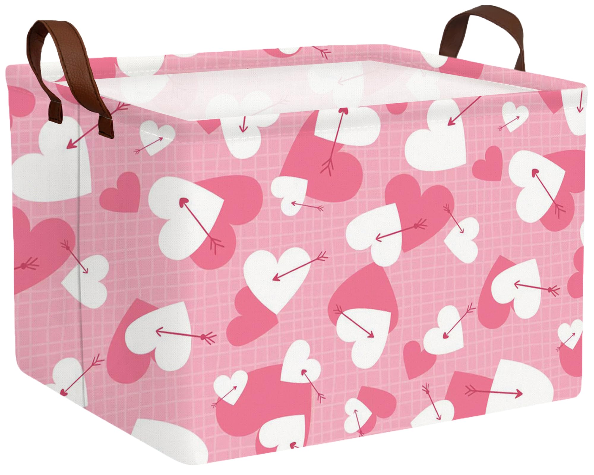 Large Valentine's Day Basket Heart Shaped Storage Bin for Gifts Collapsible Organizer Room Decor (Arrow White Pink Love)