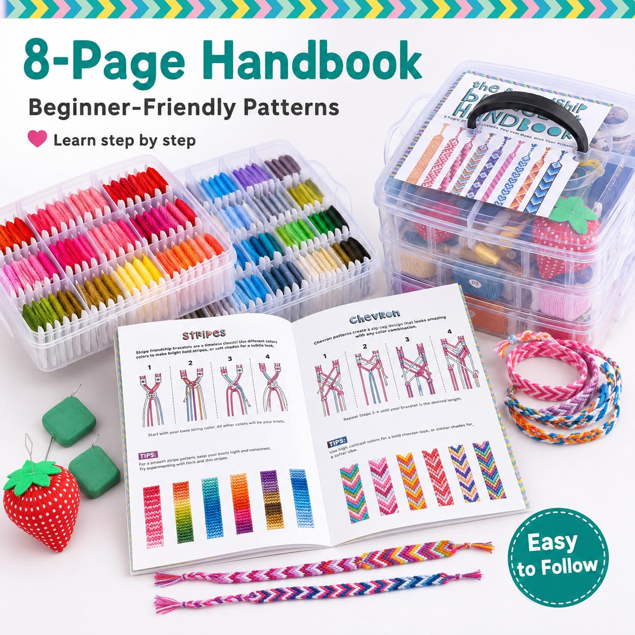 Athena's Elements Stickgarn-Set – 150 Farben Stickgarn mit Kreuzstich, Nähgarn-Werkzeuge, 3-stöckiger transparenter Organizer und Armbandherstellungsanleitung