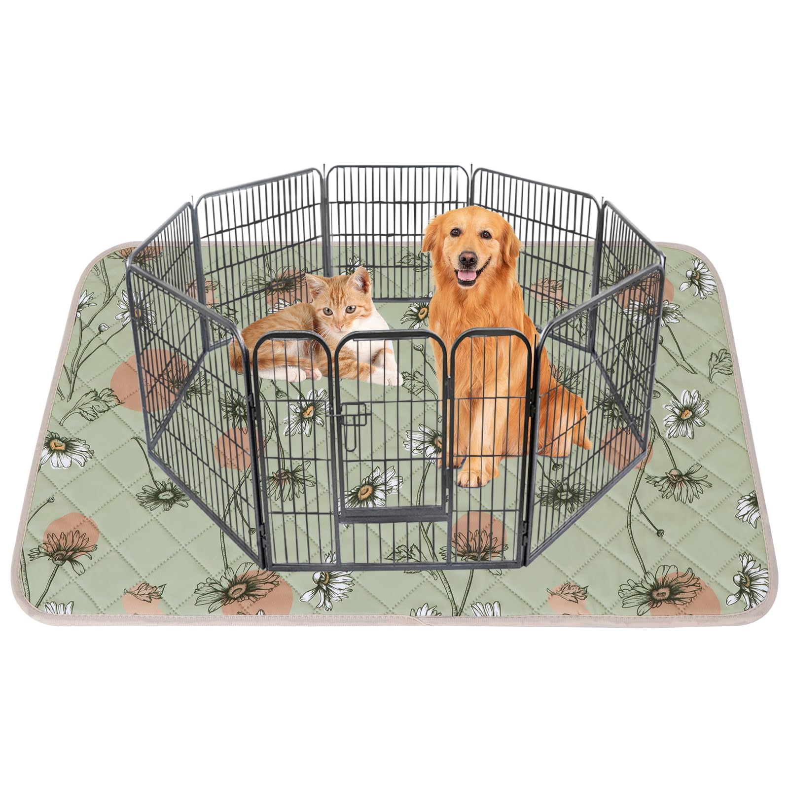 IEUUMLER Washable Pee Pads for Dogs, 1 Pack Non-Slip &amp; Waterproof Pack Whelping Pad, Reusable Washable Puppy Potty Training Pad with Fast Absorbent for Playpen EU007 (Grass Green Daisy, 63"X63"-1pcs)