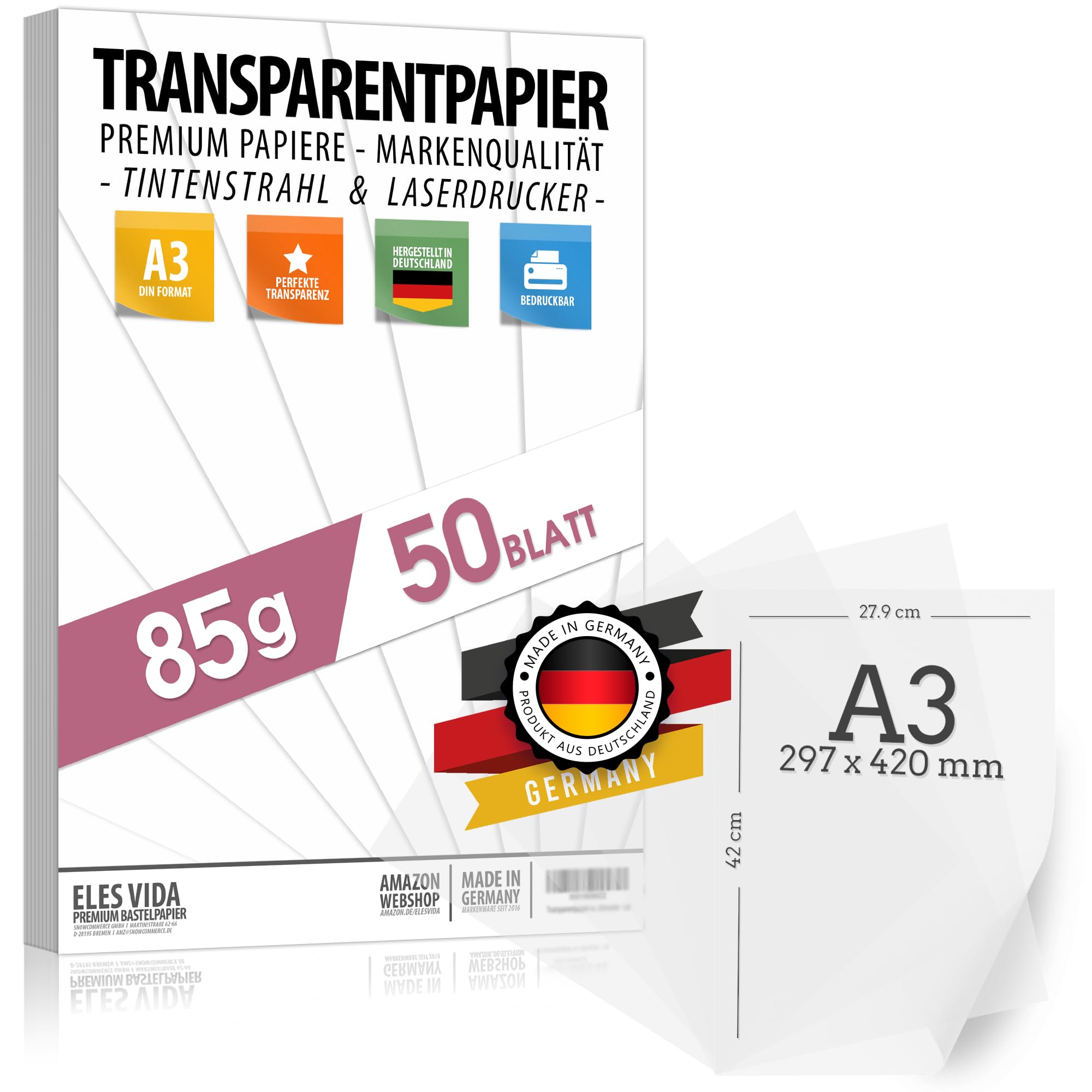 Papier calque blanc transparent imprimable - DIN A3 - Papier calque pour imprimer et bricoler - Couleur : blanc - Qualité supérieure 85 g/m² - Fabriqué en Allemagne - À découper