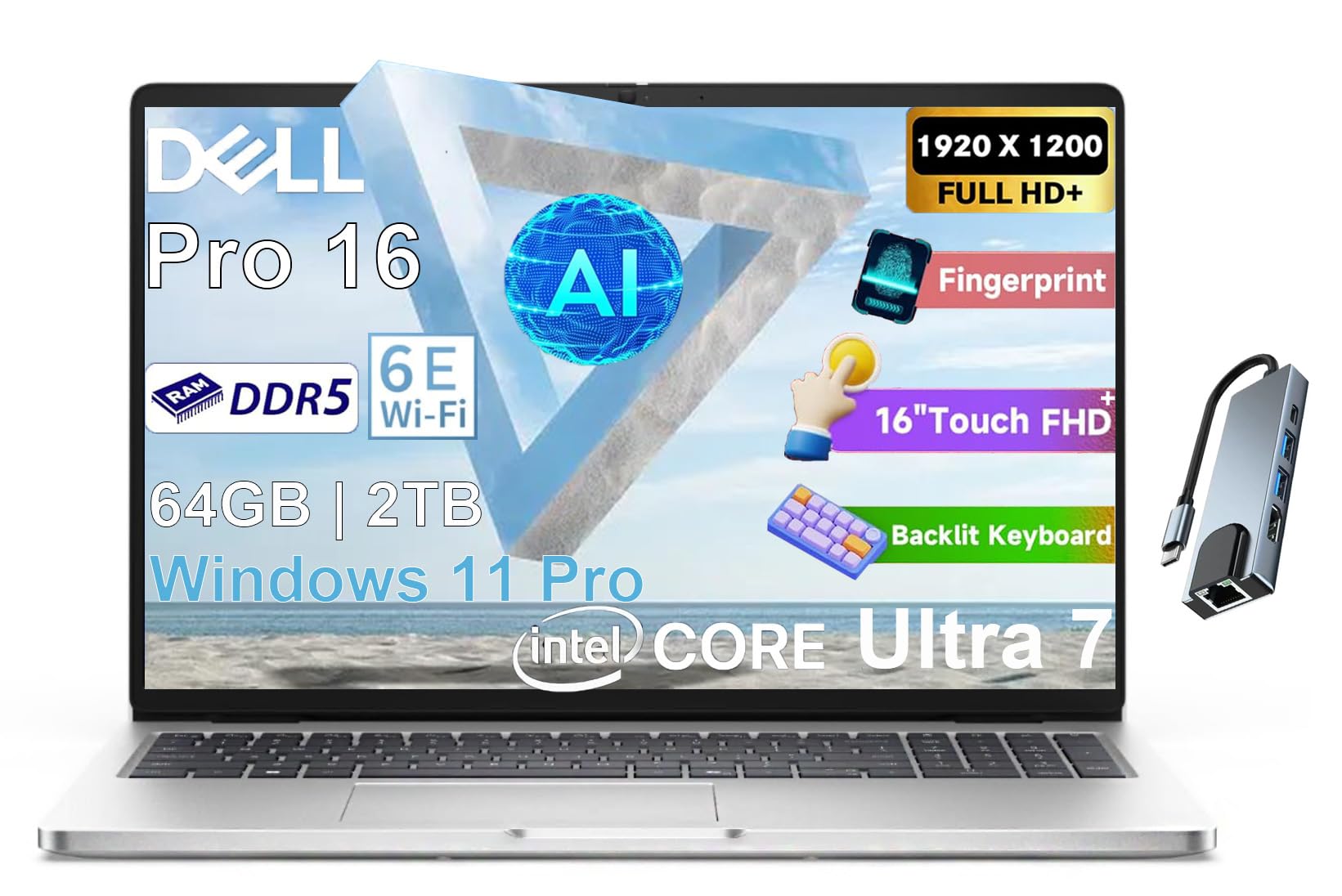 Dell Pro 16 Touchscreen Business Laptop | 16" WUXGA Anti-Glare Display | Intel Ultra 7 225U (12 cores, Up to 5.2 GHz) | 64GB DDR5 RAM, 2TB SSD |