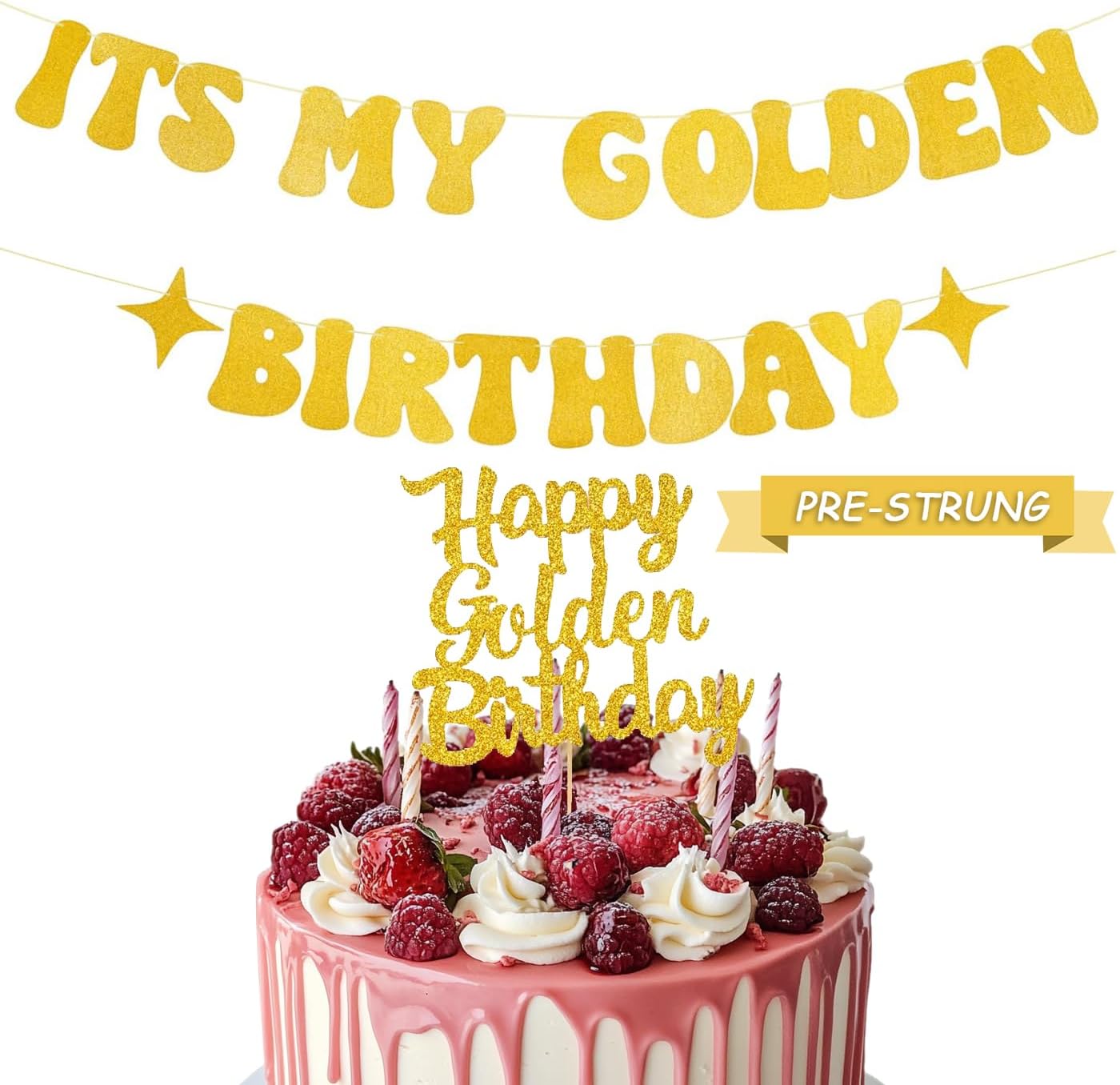 Pre-Strung It's My Golden Birthday Banner including 1 PC Happy Golden Birthday Cake Topper Set Glitther Gold Decorations Gold Party Supplies
