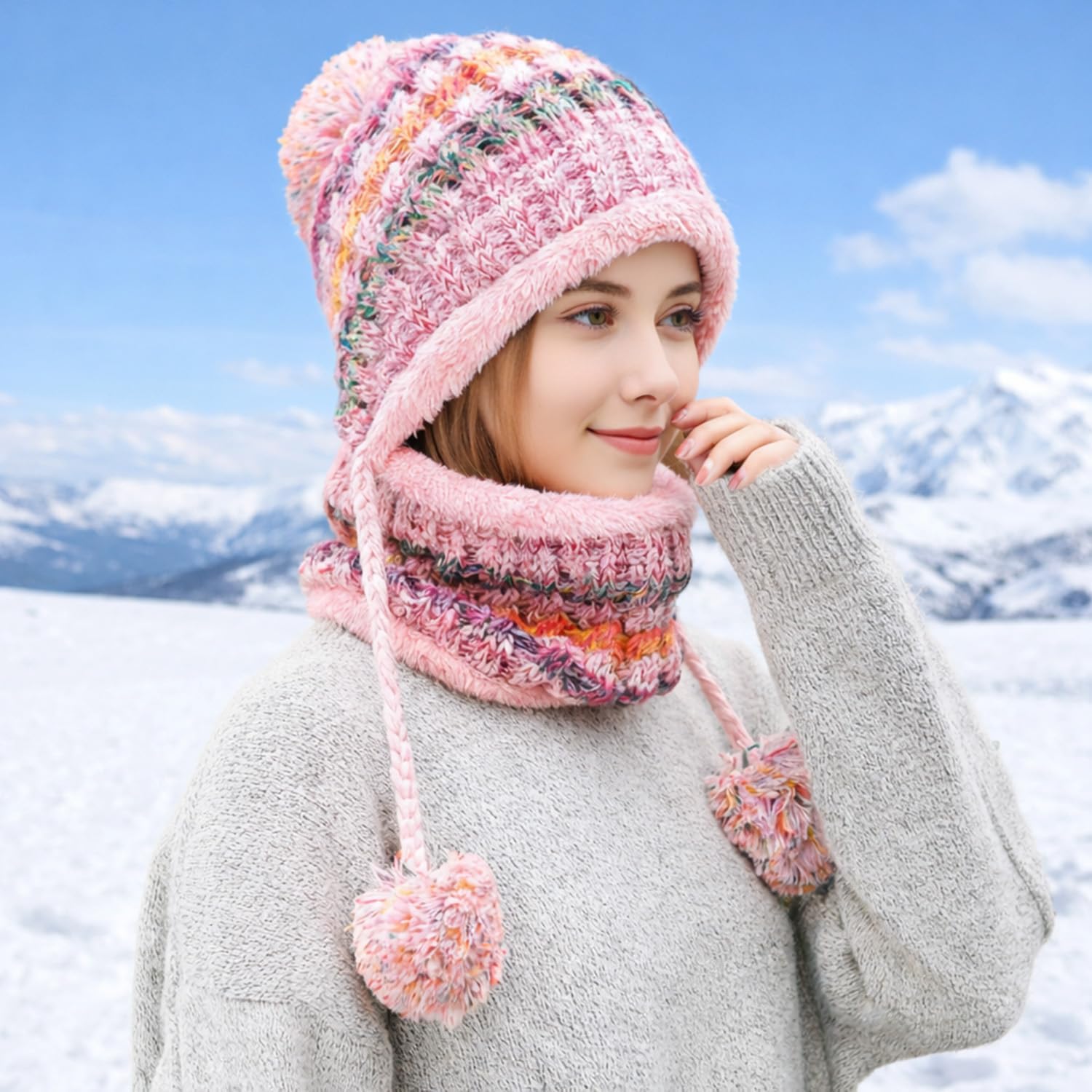 Women Winter Beanie Hat Circle Scarf Set Pompoms Peruvian Ski Snow Ear Flaps Cold Weather Warm Sherpa Knit Hats Fleece Lined - Image 3
