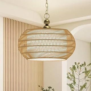 Rattan Chandelier, 5-Lights Boho Large Pendant Light, Hand Woven Basket Pendant Chandeliers for Dining Room Living Room Kitchen Island Bedroom Foyer, Height Adjustable (19.3in-Gold)