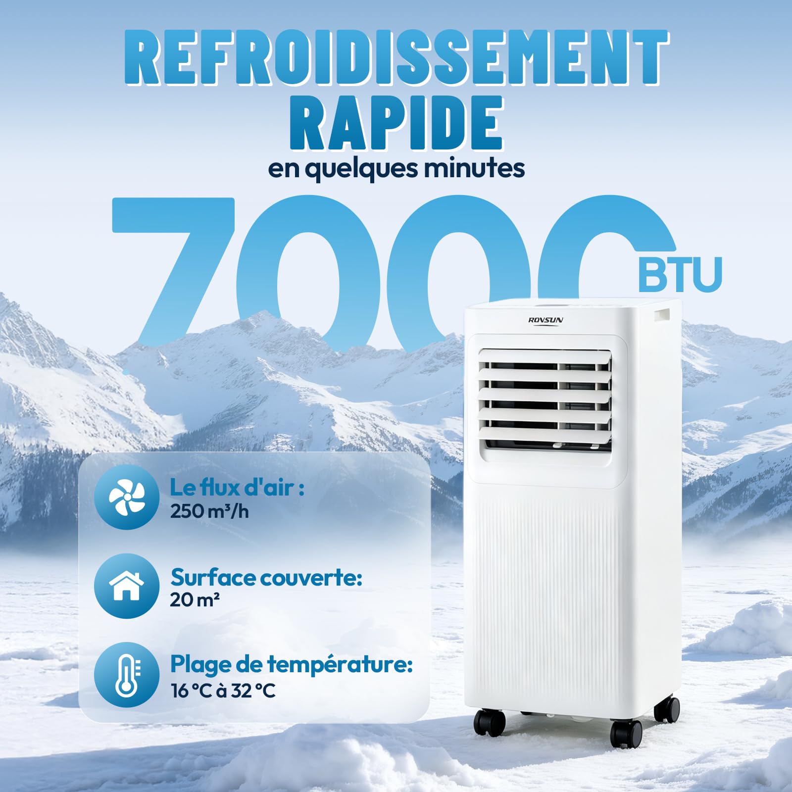 ROVSUN Climatiseur Mobile 7000 BTU 4 en 1 – Rafraîchissement, Ventilation, Déshumidification, Mode nuit Silencieux <65 dB, Minuterie 24h, Roulettes 360°, Télécommande + Wi-Fi, 20 m², Blanc, classe A