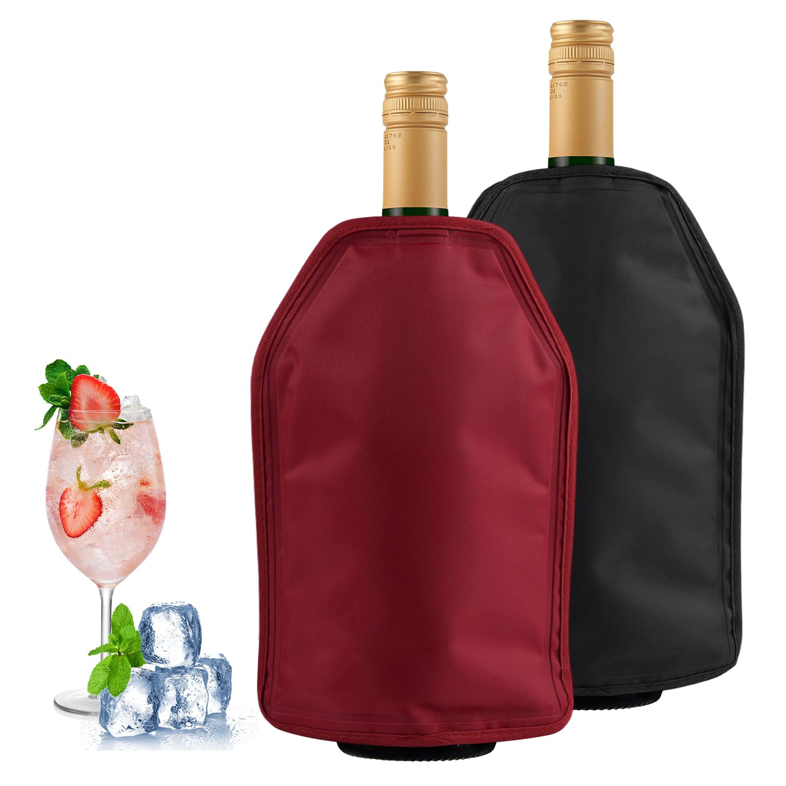 2 Piezas Funda Enfriadora de Botella de Vino, Enfriador de Botellas De Vino Reutilizable con Gel, Funda Enfriadora con Gel Refrigerante Interior, para Vinos, Bebidas (Rojo + Negro)