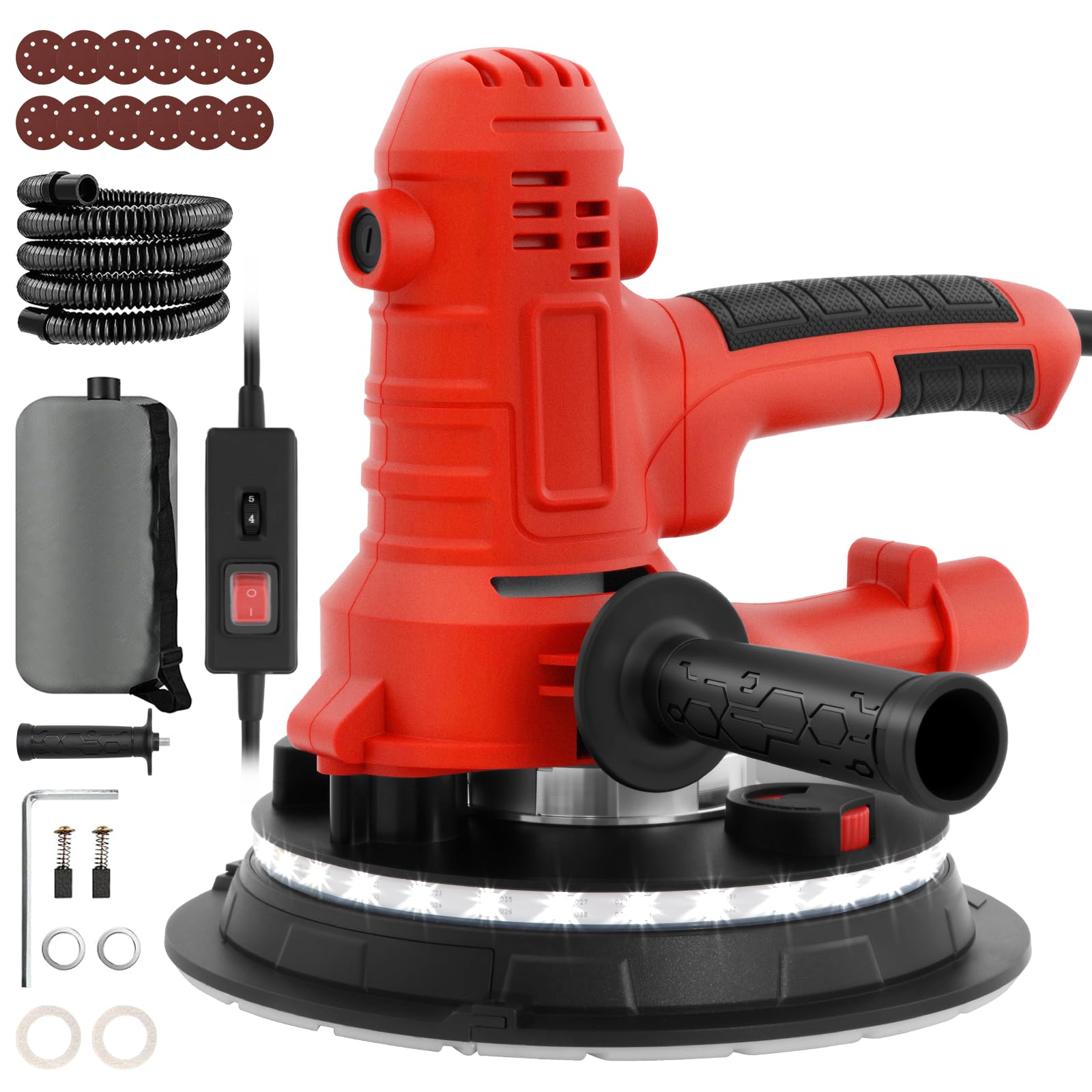 800W Electric Drywall Sander, Variable Speed1200-2300RPM Wall Sander with Vacuum, LED Lights, Dust Bag and Hose,12 Pcs Sanding Discs