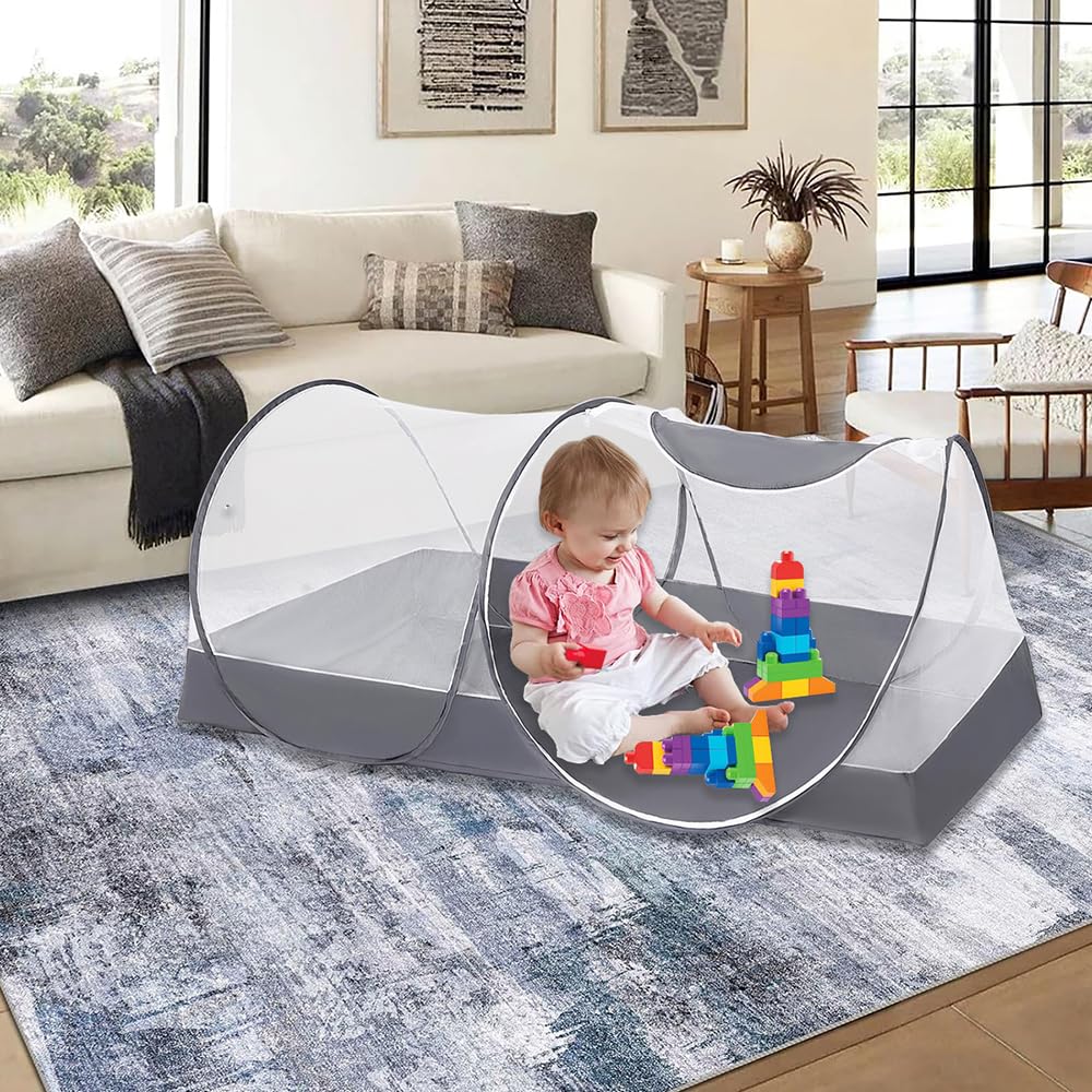 Zanzariera portatile pieghevole da viaggio, baldacchino per letto, installazione gratuita, adatta per viaggi all'aperto, campeggio (grigio)