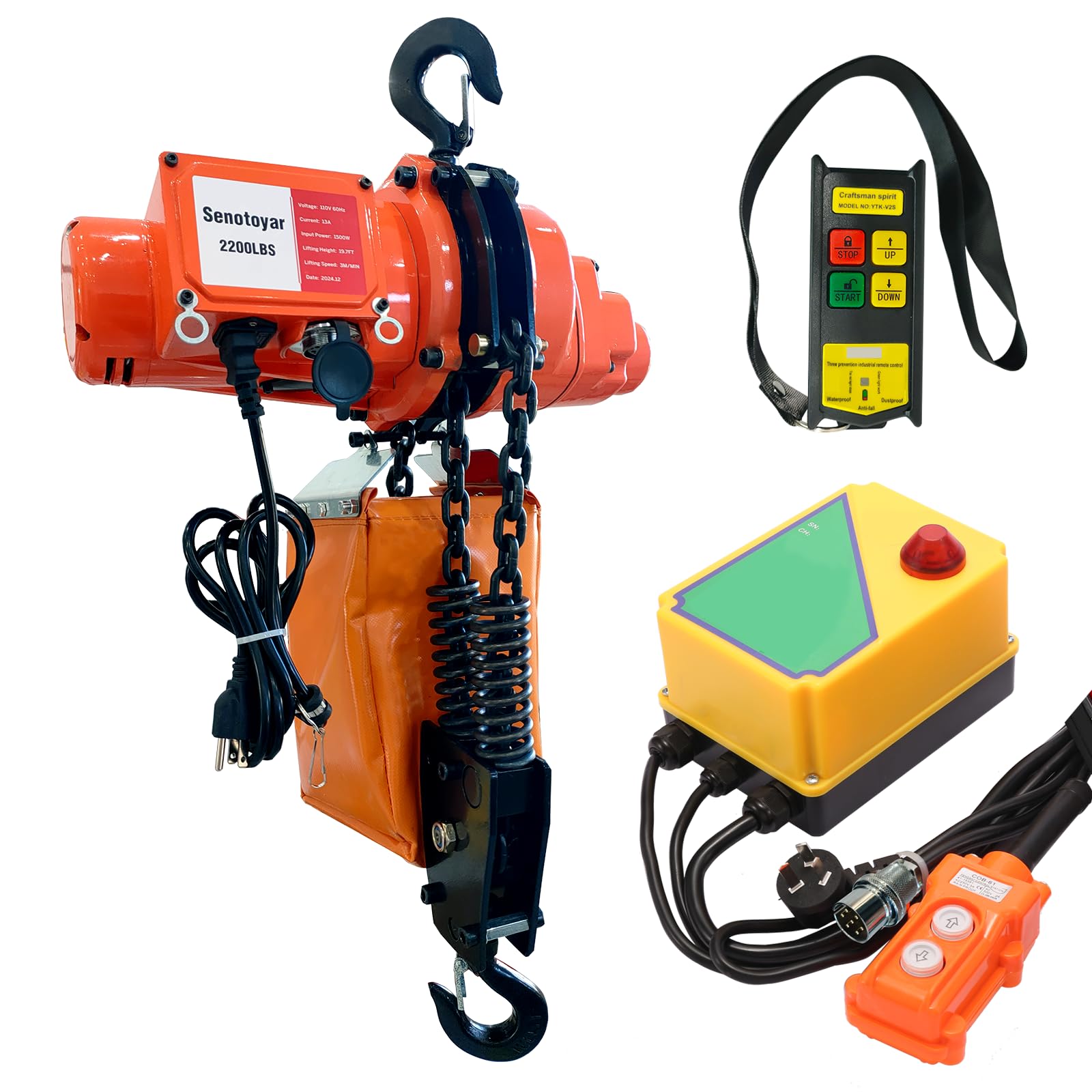 Electric Chain Hoist 2 in 1,2200 lbs Load Capacity,20 ft Lifting Height,120V Single Phase Overhead Crane with 328 ft Wireless & 15 ft Wired Remote
