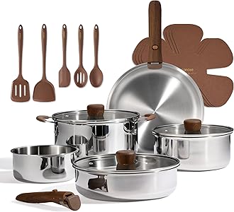 CAROTE 19pcs Stainless Steel Cookware Set with Detachable Handle, Pots and Pans Set, Induction Kitchen Cooking Sets, RV/Camping Cookware, Removable Handle, Oven Safe, Woodgrain