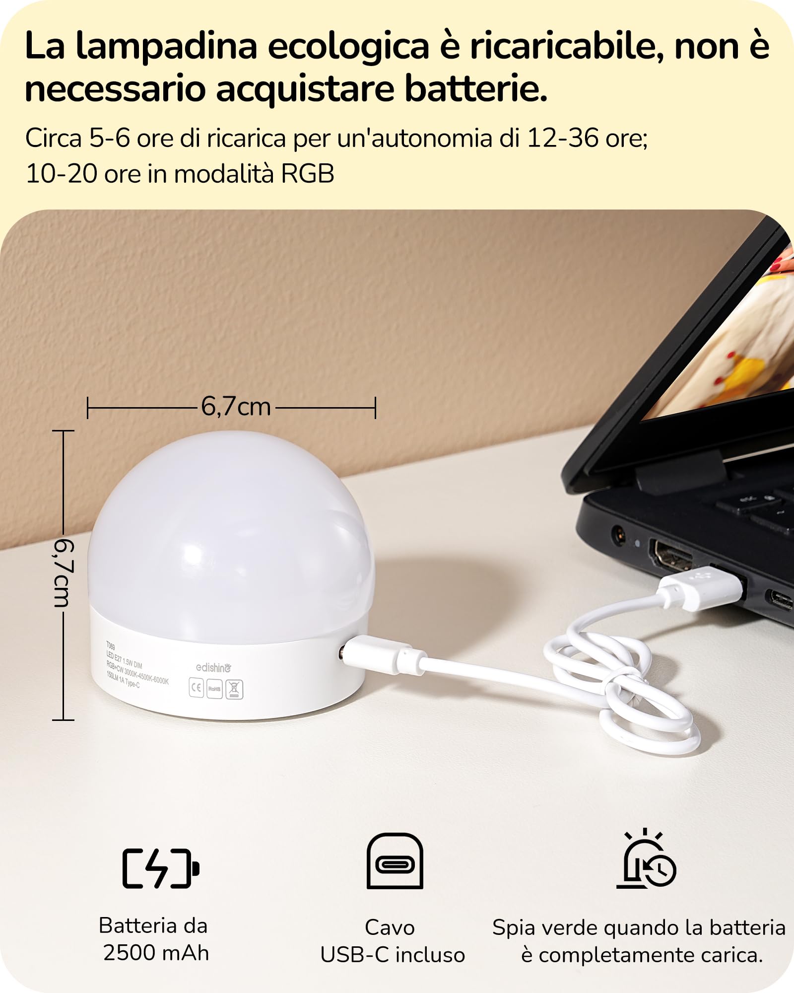 EDISHINE Lampada da Parete Interni Senza Fili 2 Pezzi, Telecomando e Lampadina E27 RGBW Dimmerabile e Ricaricabile, 3000K-4500K-6000K, Paralume Beige, Base Nera per Soggiorno, Camera, Corridoio