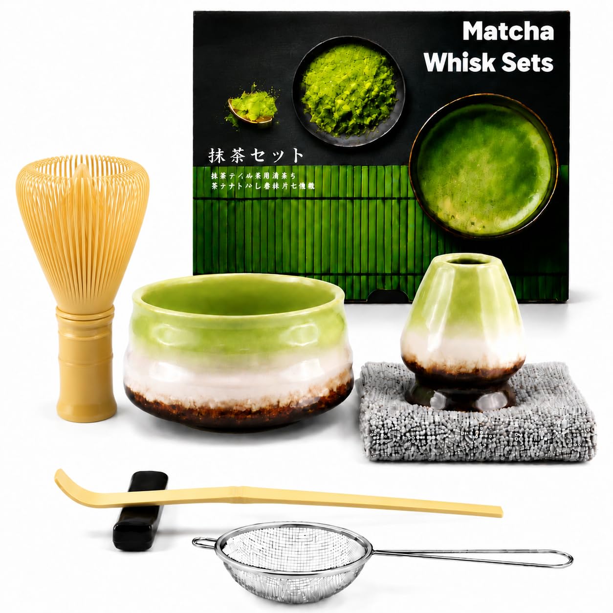 Muexoee 7 Pcs Matcha Set,Matcha Tea for Making Breakfast/Latte,Whisk Set and Bowl with All Accessories,Authentic Tea Ceremony,Kiln-Changed Green Bowl, Stirrer Yellow — image 1
