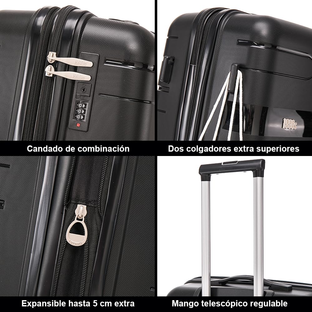 1990s Juego de Maletas expandibles Polipropileno 3 Piezas|Maleta Cabina 55x38x22cm|Mediana expandible 65cm|Grande Extensible 75cm (Negro)