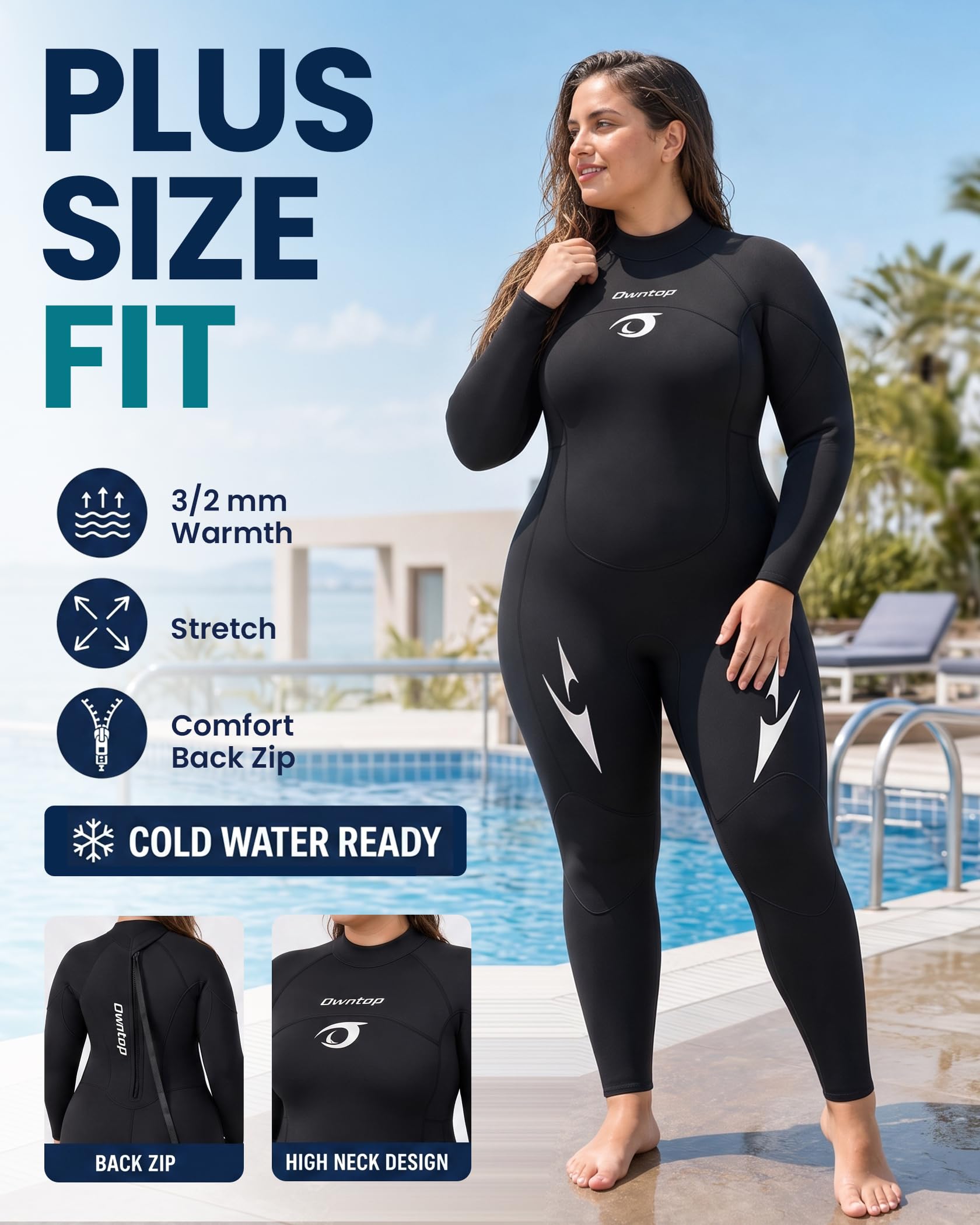 Owntop Combinaison de plongée thermique en néoprène de 3/2 mm avec fermeture éclair dans le dos pour homme et femme, pour plongée en eau froide et surf