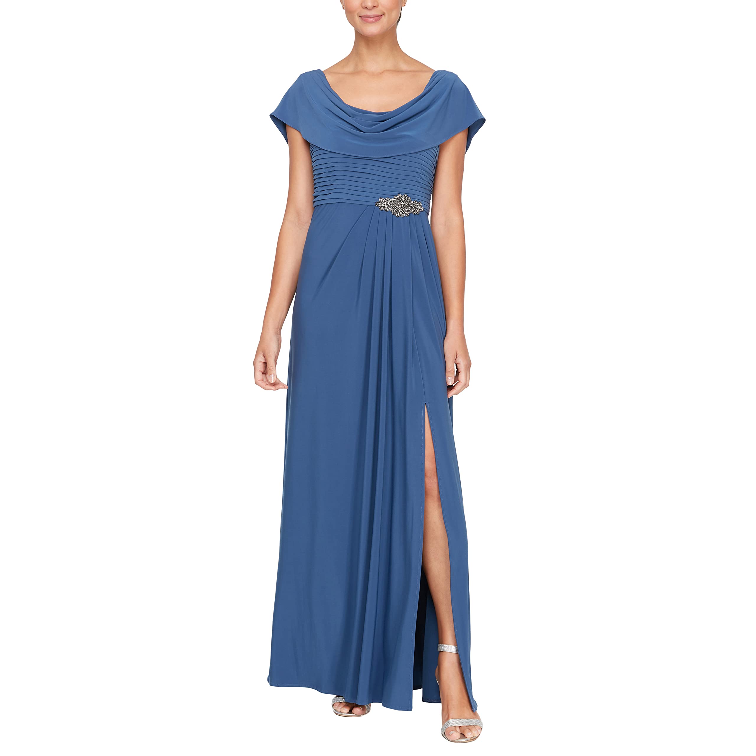 Alex Evenings Women's Long Cowl Neck A-Line Dress, Wedgewood, 20W