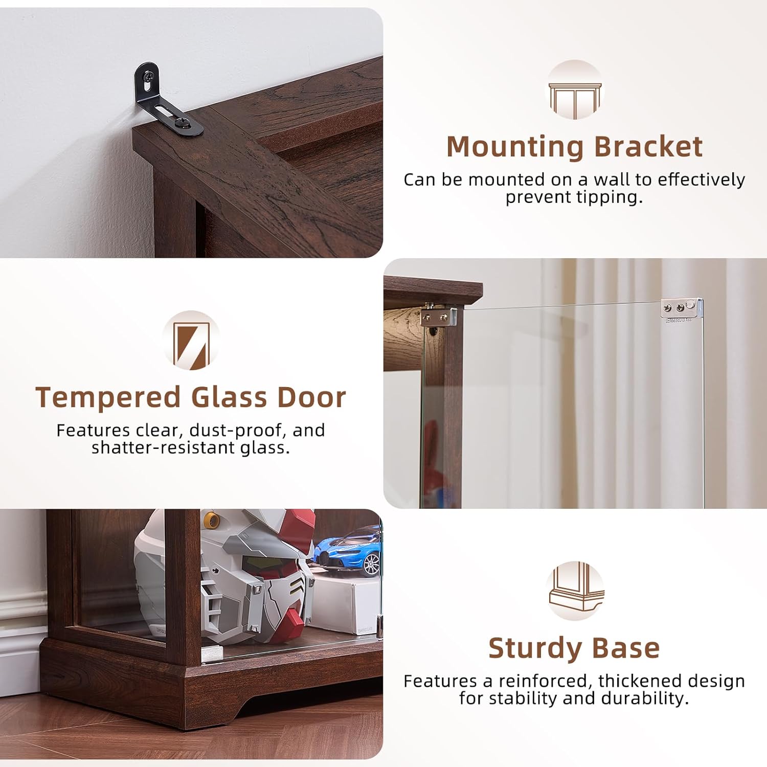 LELELINKY Farmhouse Display Cabinet with Glass Doors, Curio Cabinet with 3-Color LED Motion-Sensor Light, Walnut