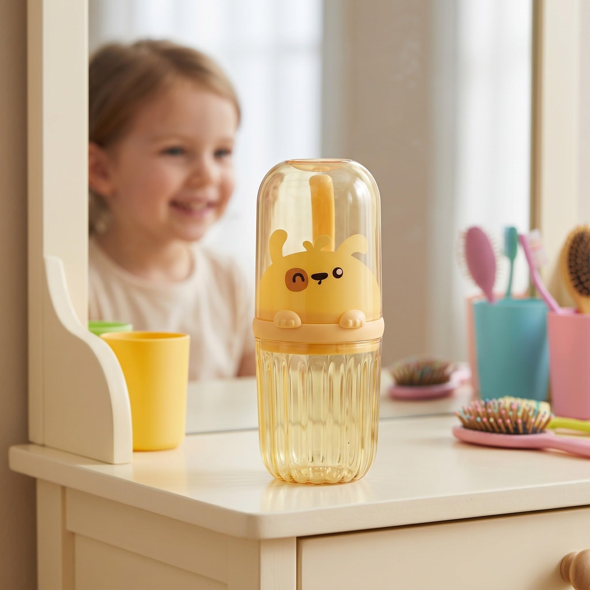 Operitacx Estuche de Viaje para 4 cepillos de Dientes con Vaso para Enjuague - Soporte Desmontable con asa para Pasta de Dientes y Cepillo de con diseño de Dibujos Animados, Ideal para Acampar al