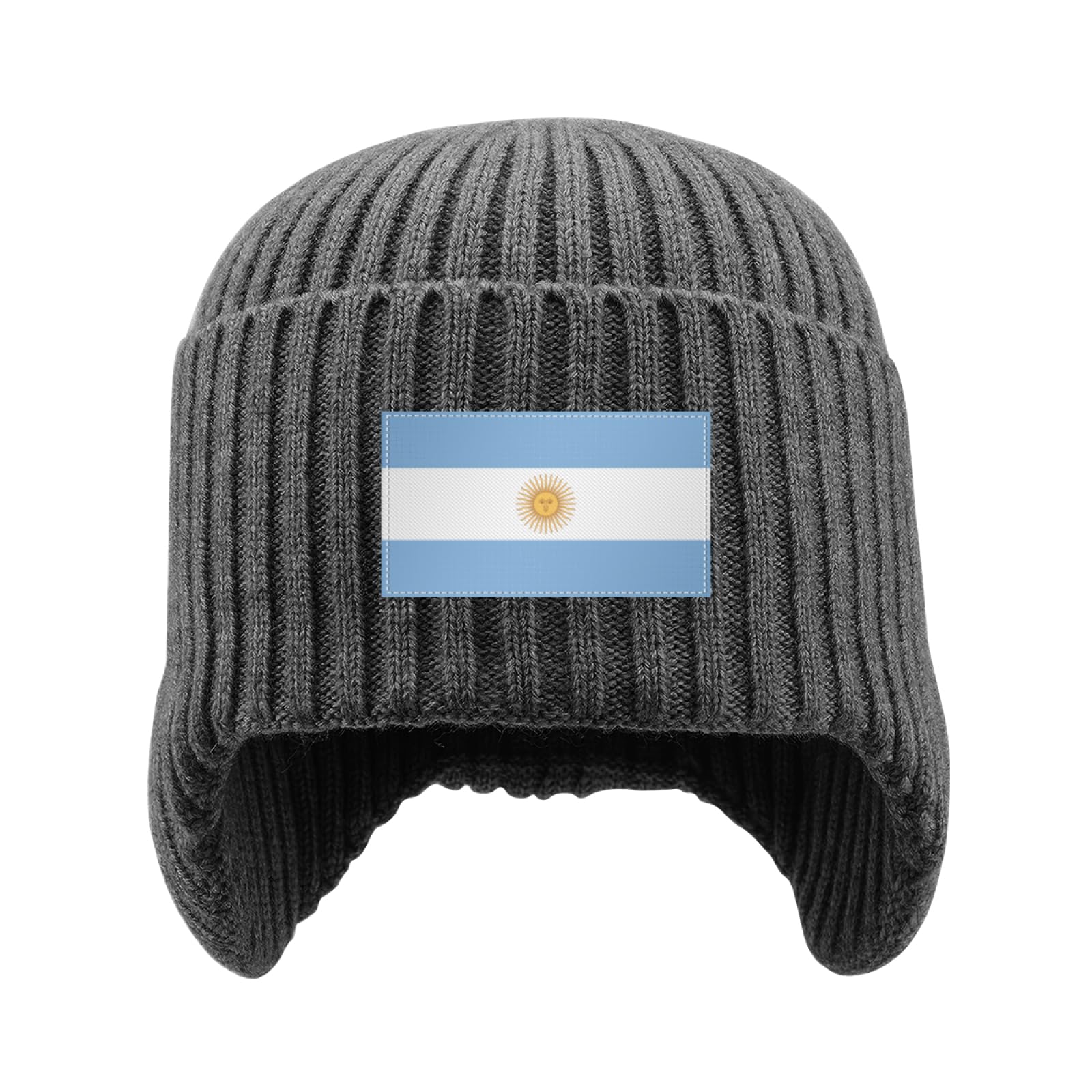 Beanie Hat with Earflaps for Men Women Argentina Argentinean Flag Stocking Caps Ear Covers Winter Warm Thermal Knitted Watch Hat Stretchy Knit Novelty Skull-Cap for Ski Outdoor Gray