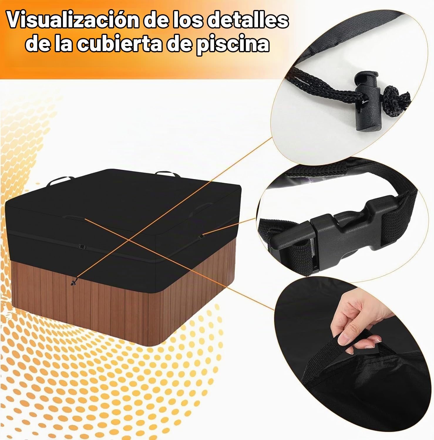 Funda Protectora Cuadrada para Jacuzzi, Oxford 600D Cubierta Cuadrada para bañeras de hidromasaje, Impermeable, Rayos UV, Resistente a la Intemperie, Color Negro (200 * 200 * 25cm)