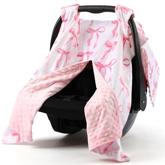Pink Bow Car Seat Cover Baby Girl, Minky Warm Winter Carseat Covers with Opening Cozy for Newborn Infant Boys Winter Stroller, Nursing Cover Canopy Shower Gift
